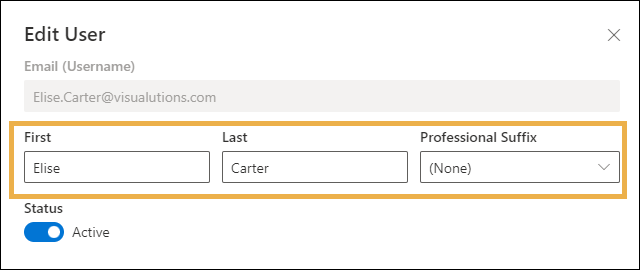 Edit User window with a yellow highlight box around the First Name, Last Name, and Professional Suffix fields.